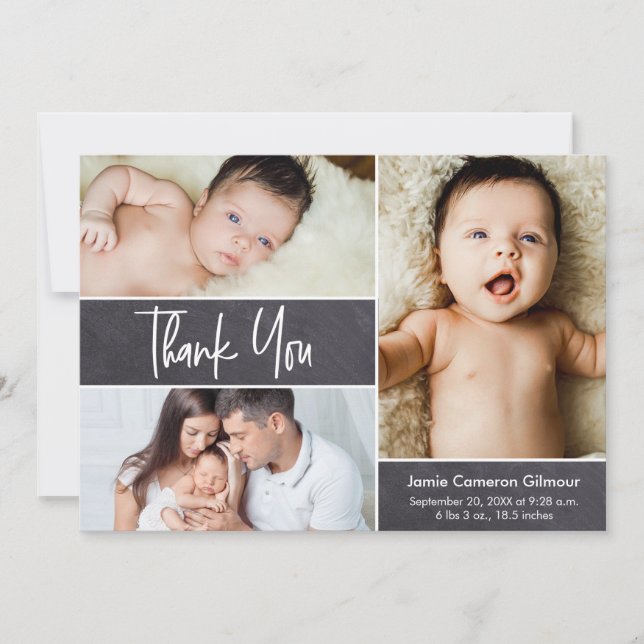 Modern Handlettering 3 Photo Collage Baby Shower  Thank You Card (Front)