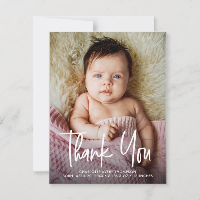 Modern Handlettering Baby Girl Photo Birth stats  Thank You Card (Front)