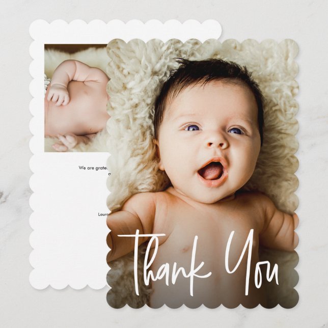 Modern Handlettering Custom 2 Photos Baby Shower  Thank You Card (Front/Back)