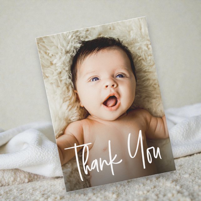 Modern Handlettering Custom Baby Shower Photo Thank You Card (Vertical thank you photo baby shower card. Modern design and customizable.)