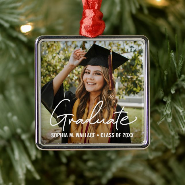 Modern Handlettering Graduate Personalized Photo Metal Ornament (Tree)