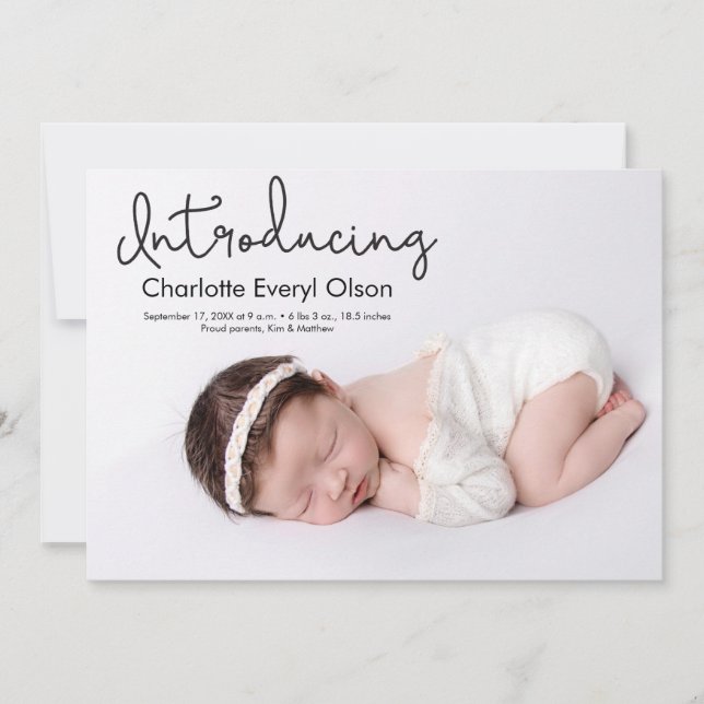 Modern Handlettering Introducing  photo baby girl  Announcement (Front)