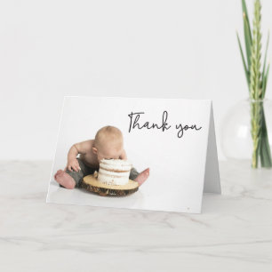 Modern handlettering Photo Baby Boy First Birthday Letterpress Thank You Card