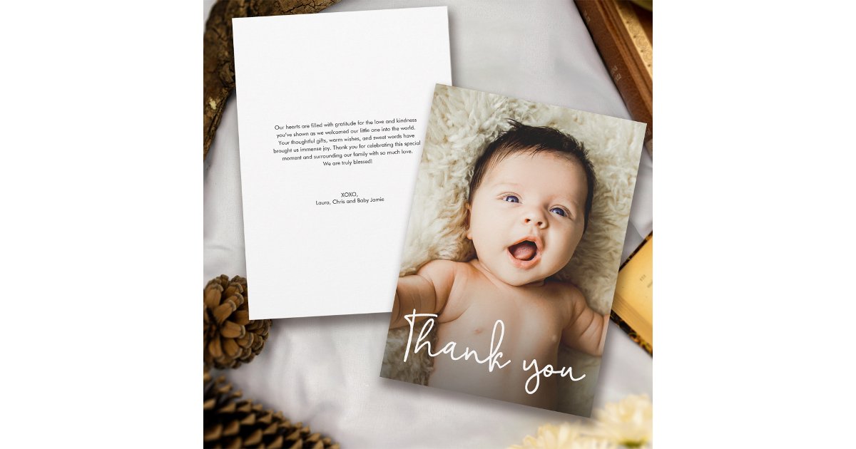 Modern Handlettering Script Baby Shower Photo Thank You Card | Zazzle