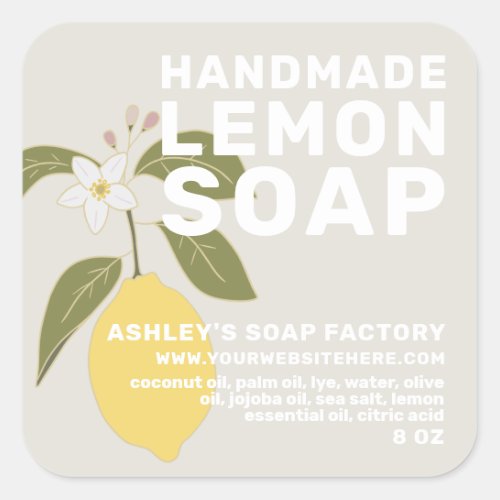 Modern Handmade Lemon Soap Botanical Gray Square Sticker