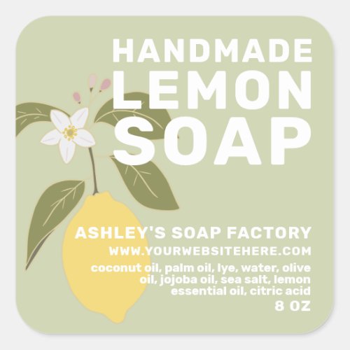 Modern Handmade Lemon Soap Botanical Green Square  Square Sticker