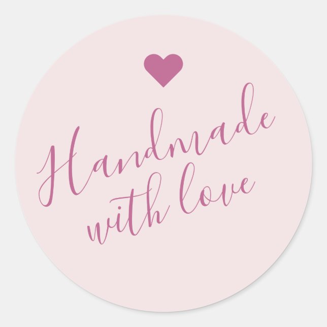 Modern handmade with love script blush pink heart classic round sticker (Front)