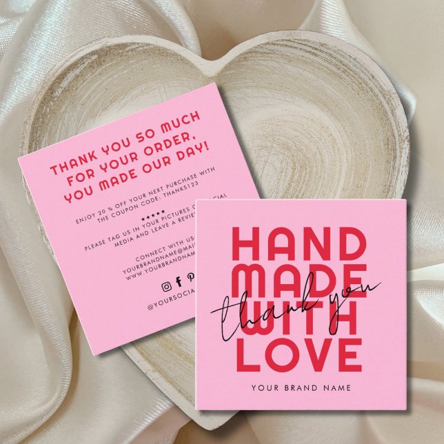 Modern handmade with love thank you square business card (Creator Uploaded)