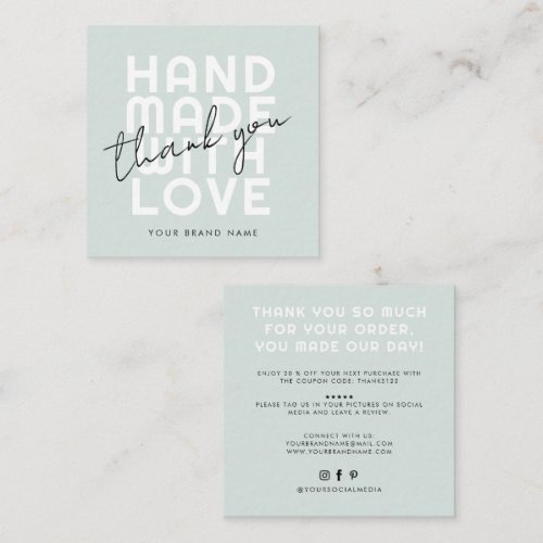 Modern handmade with love thank you square square business card