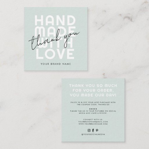 Customizable Modern handmade with love thank you square square business card