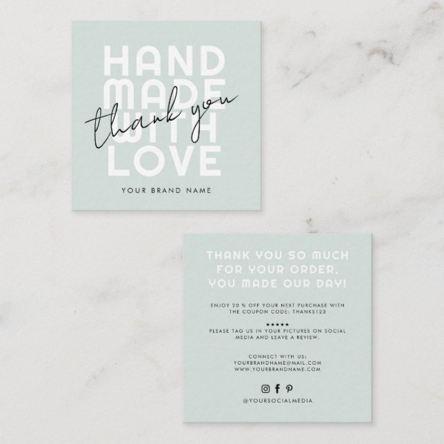 Modern handmade with love thank you square square business card (Front/Back)
