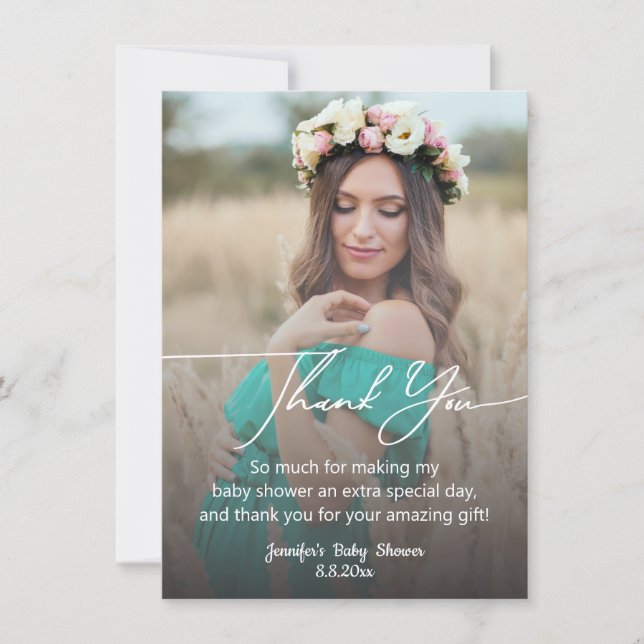 modern handwriting baby shower photo thank you note card (Front)