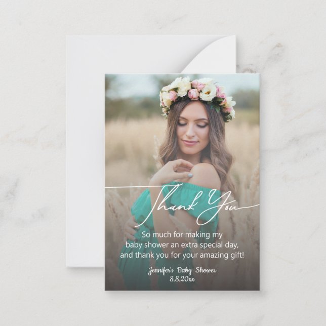 modern handwriting baby shower photo thank you note card (Front)