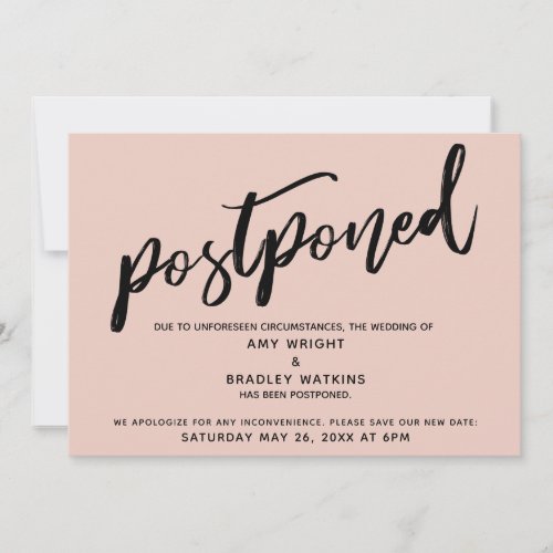 Modern Handwriting Blush Postponed Wedding Card