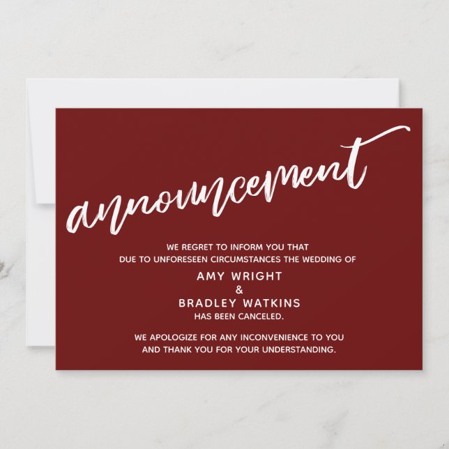 Modern Handwriting Canceled Wedding Burgundy Invitation (Front)