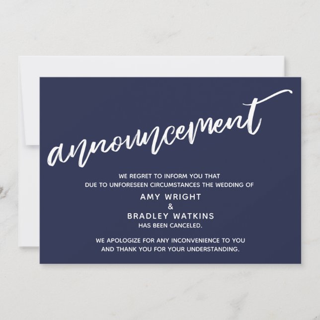 Modern Handwriting Canceled Wedding Navy Blue Invitation (Front)