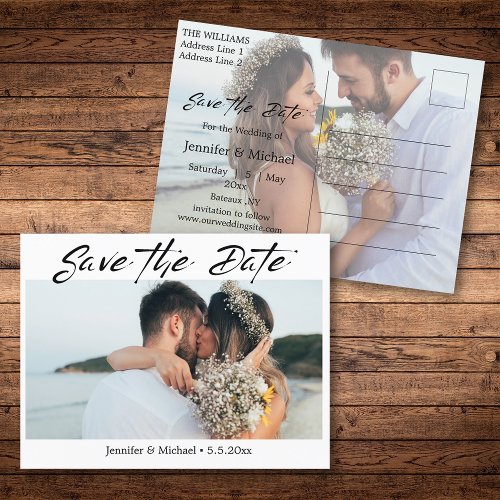 modern handwriting couple photo save the date announcement postcard