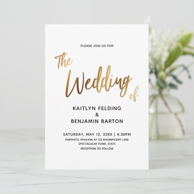 Modern Handwriting Gold Wedding Invitation (Standing Front)