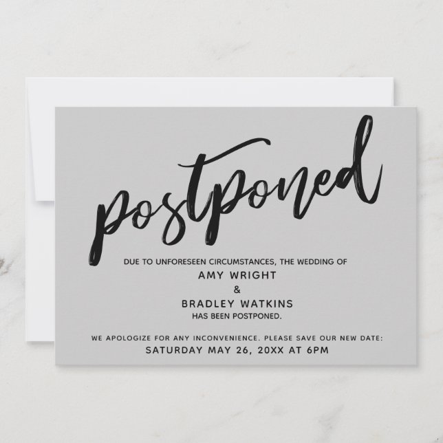 Modern Handwriting Gray Postponed Wedding Card (Front)