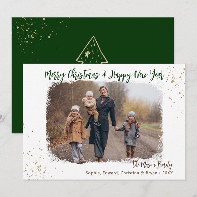 Modern Handwriting Green Gold Christmas Photo Holiday Card (Front/Back)
