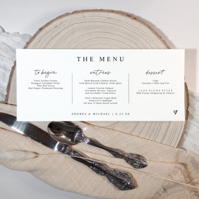 Modern Handwriting Heart Horizontal Wedding Menu (Horizontal wedding menu with modern handwriting script and hand drawn heart - Black and white)