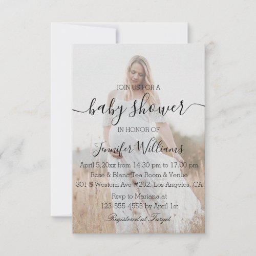 modern handwriting photo baby shower invitation  