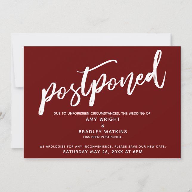 Modern Handwriting Postponed Wedding Burgundy Invitation (Front)