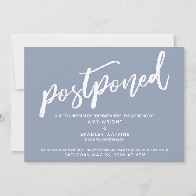 Modern Handwriting Postponed Wedding Dusty Blue Invitation (Front)