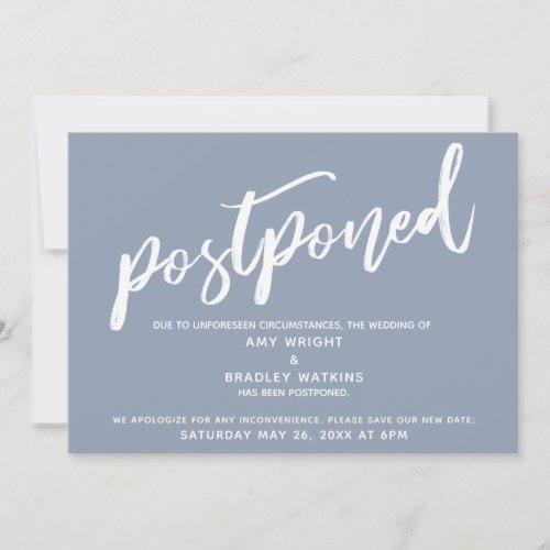 Modern Handwriting Postponed Wedding Dusty Blue Invitation