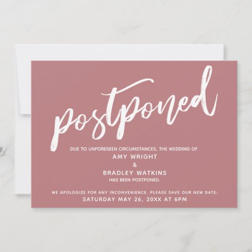 Modern Handwriting Postponed Wedding Dusty Rose Invitation