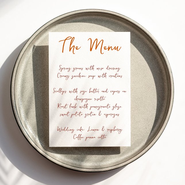 Modern Handwriting Script Orange Wedding Menu (Creator Uploaded)