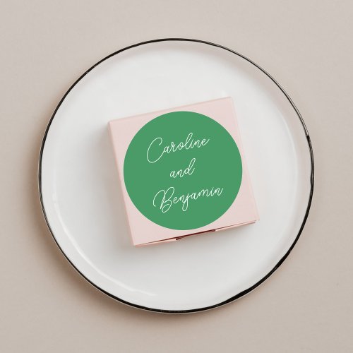 Modern Handwriting Script Wedding Name Green Classic Round Sticker