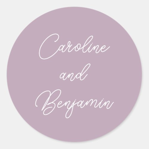 Modern Handwriting Script Wedding Name Lilac Classic Round Sticker