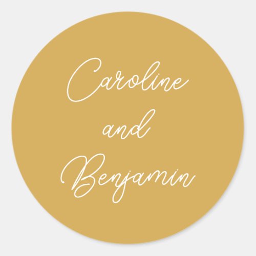 Modern Handwriting Script Wedding Name Yellow Classic Round Sticker