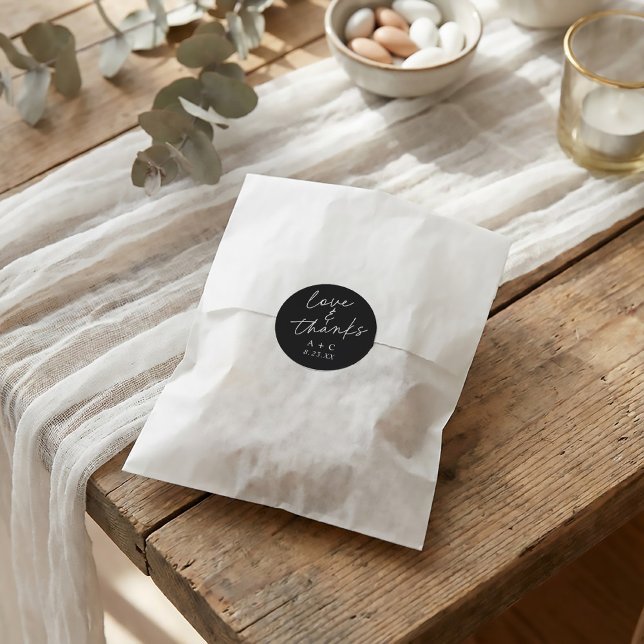 Modern Handwriting Wedding Favor Classic Round Sticker (Modern black and white wedding favor tags)