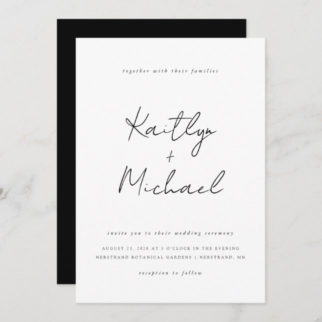 Modern Handwriting Wedding Invitation Black White (Front/Back)