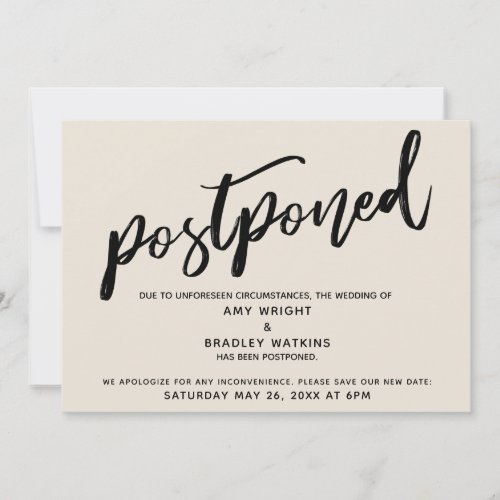 Modern Handwriting Wedding Postponed Cream Card