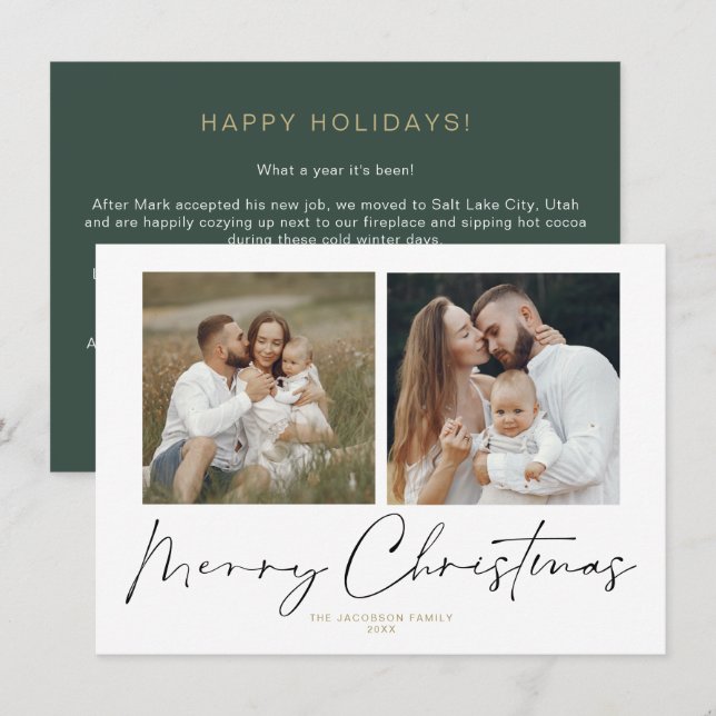 Modern Handwritten 2 Photo Merry Christmas Card (Front/Back)