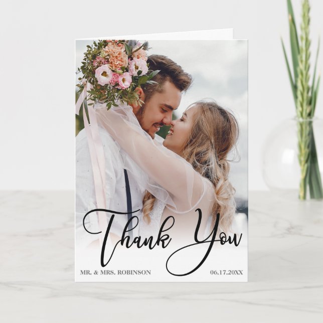 Modern Handwritten 2 Photo Wedding Thank You Card (Front)