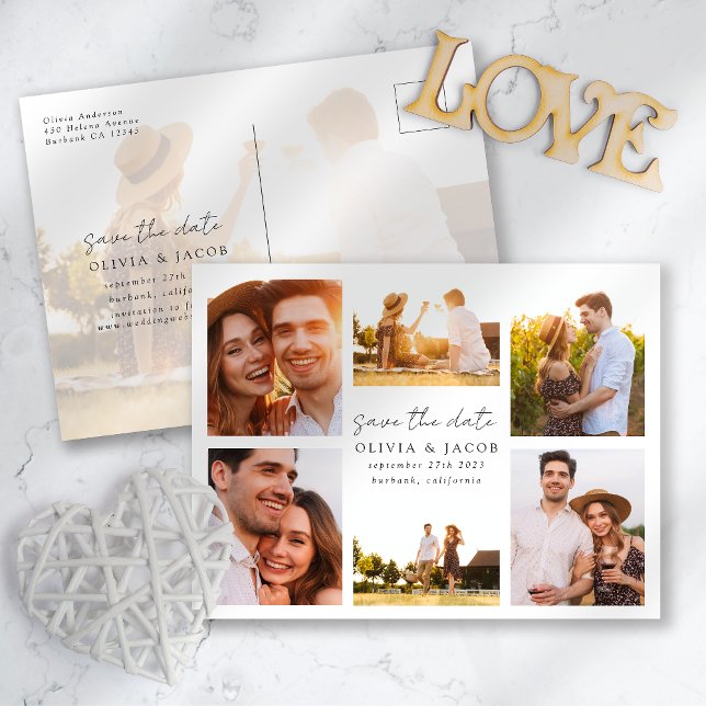 Modern Handwritten 6 Photo Wedding Save The Date Announcement Postcard (Creator Uploaded)