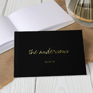 Modern Handwritten Black and Gold Wedding Foil Guest Book