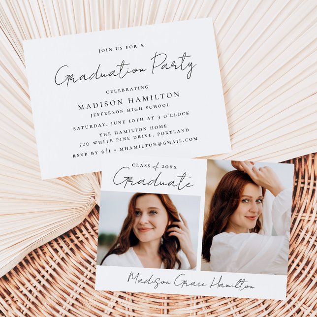 Modern Handwritten Black Script 2 Photo Graduation Invitation (Creator Uploaded)
