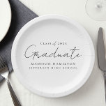 Modern Handwritten Black Script Graduation Paper Plates<br><div class="desc">Elevate your graduation party decor with our stylish graduation paper plates! Featuring a chic handwritten black script and white background, these paper plates add a touch of sophistication to your celebration. Personalize them with the graduate's name, graduation year, and school name. Whether you're serving snacks or drinks, these plates are...</div>
