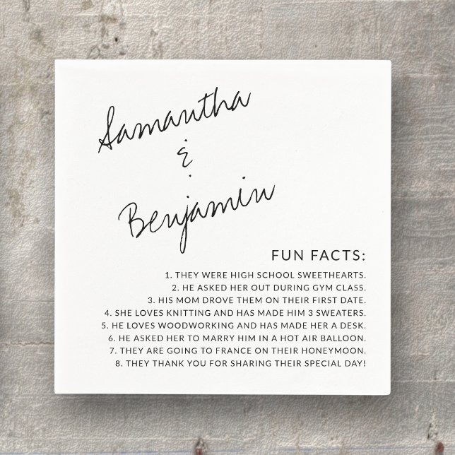 Modern Handwritten Black & White Fun Facts Wedding Napkins (These fun facts cocktail napkins will entertain your guests at your cocktail hour or reception)
