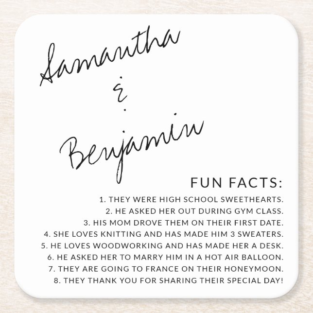 Modern Handwritten Black & White Fun Facts WeddinG Square Paper Coaster (Front)