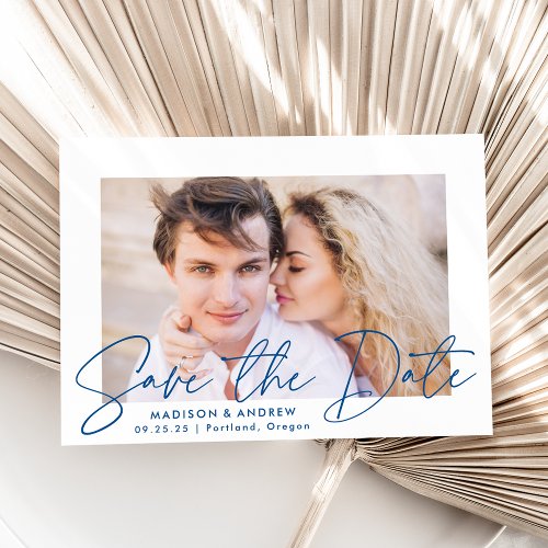 Modern Handwritten Blue Script Photo Save The Date