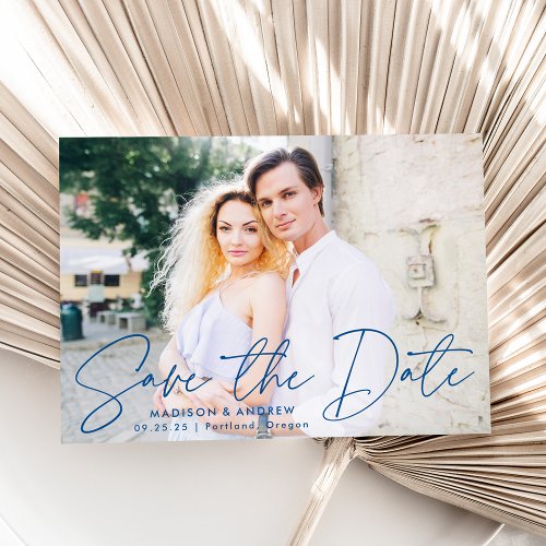 Modern Handwritten Blue Script Photo Save The Date