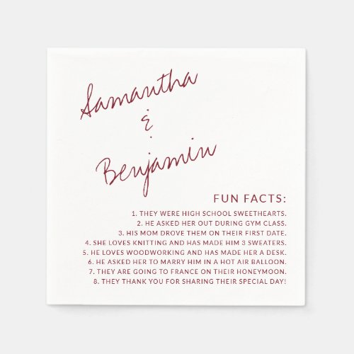 Modern Handwritten Burgundy Fun Facts Wedding Napkins