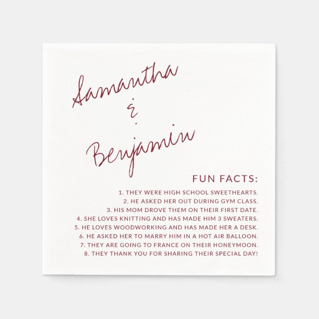 Modern Handwritten Burgundy Fun Facts Wedding Napkins (Front)