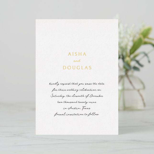 Modern Handwritten Elegant Wedding Save the Date Foil Invitation (Standing Front)